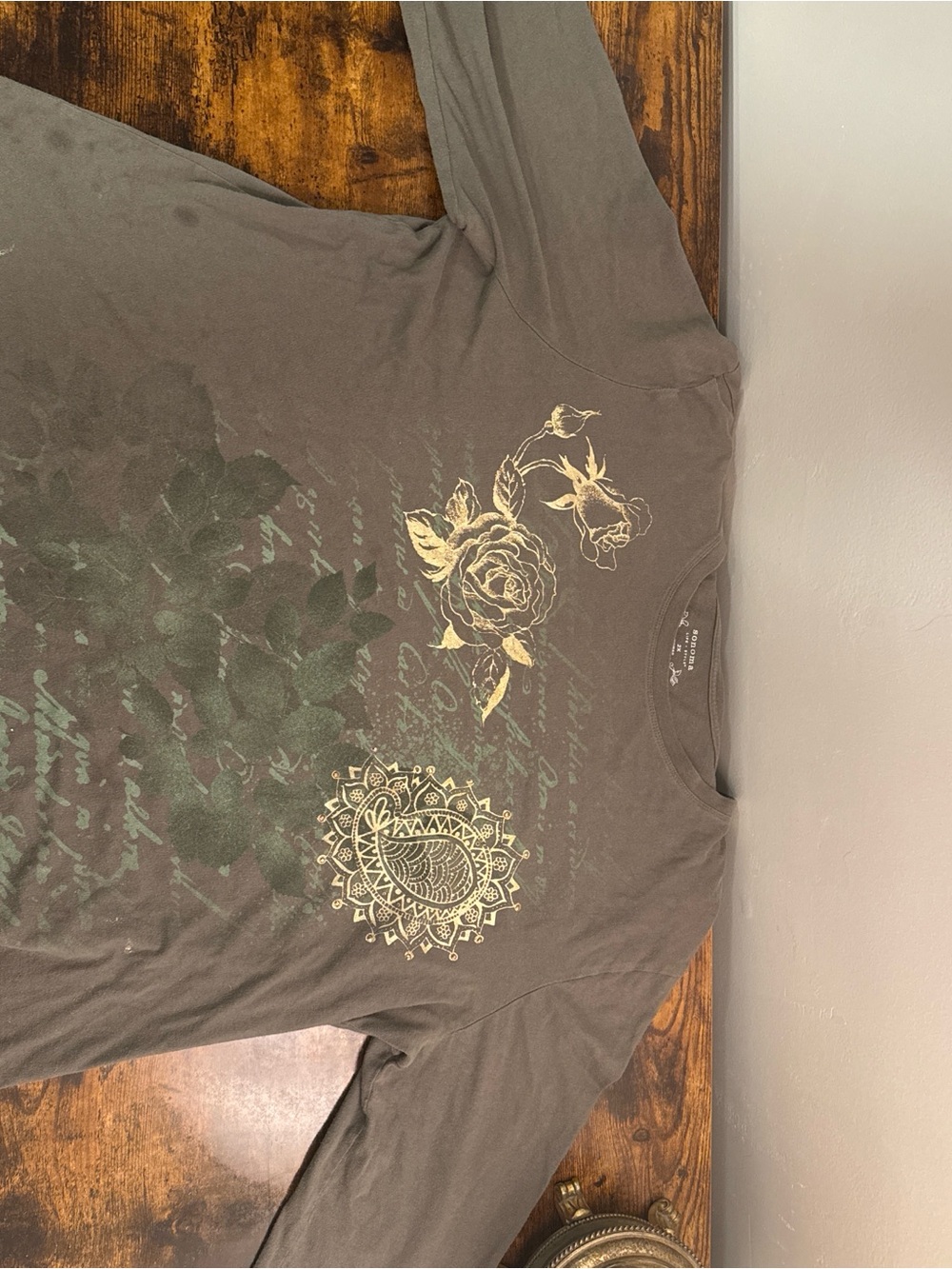 Sonoma Olive Green Long-Sleeve Tee with Floral & Mandala Print